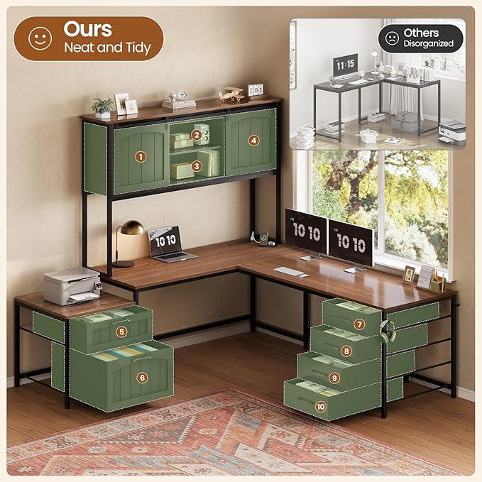 SEDETA Farmhouse L Shaped Office Desk with 6 Drawer Reversible Computer Desk with Power Outlet Hutch for Home Office/Two Person Corner Desk with File Drawer &amp Printer Storage Shelves Black