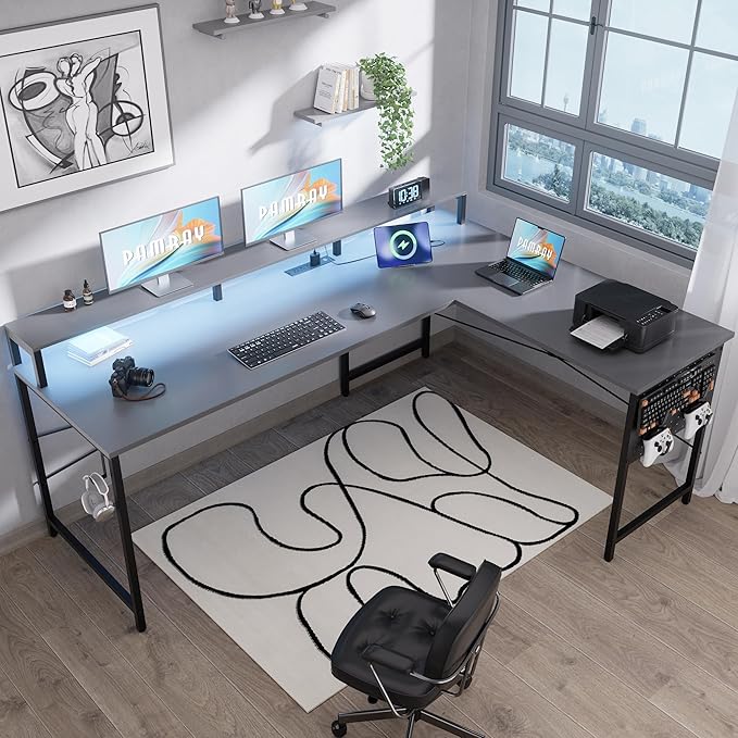 Pamray 64 Inch L Shaped Gaming Desk with Power Outlets and Led Lights Large Corner Computer Desk with Monitor Stand and Pegboard PC Table for Home Office and Bedroom Grey