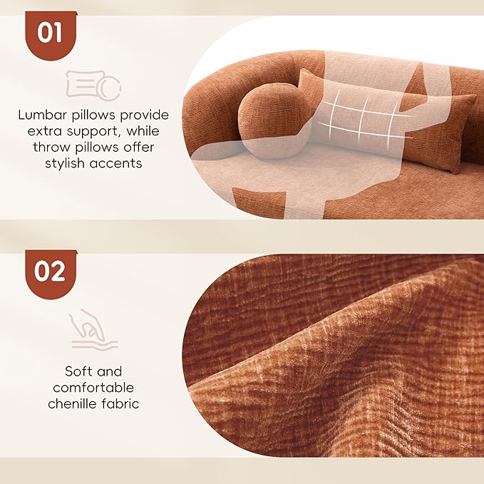 86 Curved Cloud Couch Curved SofaBoneless Couch Upholstered Sofa with Pillows No Assembly with High-Density Foam 3-Seater Luxury Modern Compressed Sofa ChenilleOrange