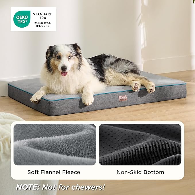 Bedsure Memory Foam Dog Crate Bed for Extra Large Dogs - XL Orthopedic Pet Beds with Removable Washable Cover and Nonskid Bottom - Plush Flannel Fleece Top Pet Mat Grey