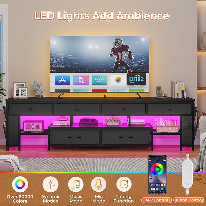 BTHFST LED TV Stand for 65/70/75 Inch TV Entertainment Center with Storage &amp Power Outlets 63 TV Stand with 6 Drawers &amp 4 Bags &amp Shelves TV Console Media Console for Living Room Bedro