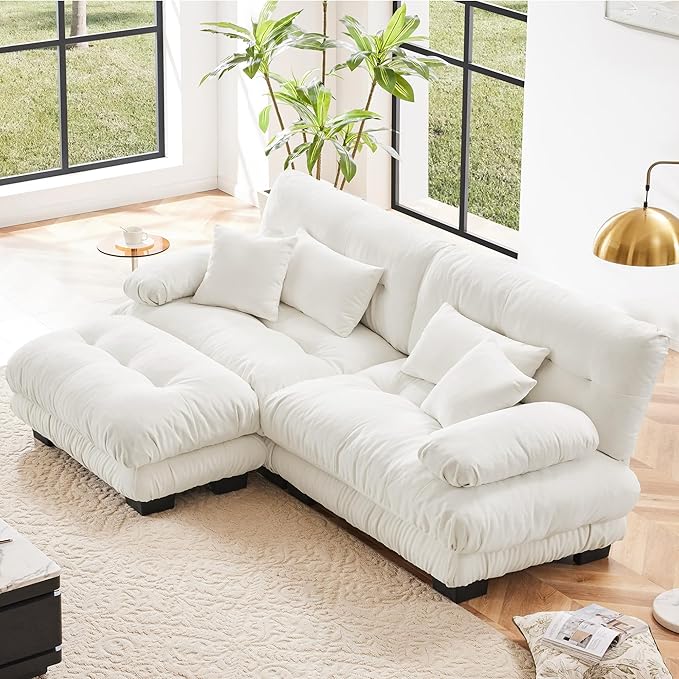 Deep Seat Sectional Sofa 94.4 Comfy Cloud Couch Loveseat with Ottoman Chenille 2 Seater Sofa with 2 Lumbar Pillows and 2 Throw Pillows Couches for Living Room (White 2 Seat + 1 Ottoman)