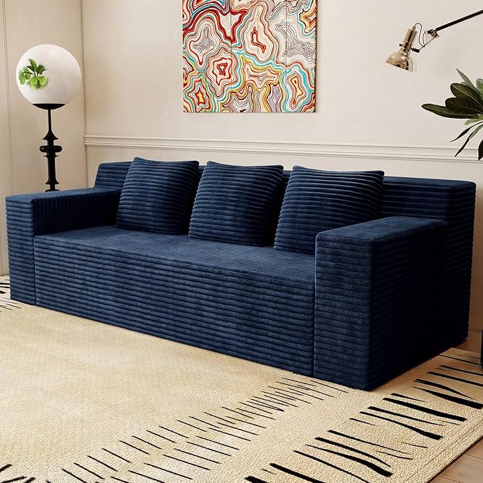 71Cloud Loveseat SofaModern 2-Seater Boneless Couch with 3 Pillows &amp Side PocketSoft Corduroy Love seatCompressed FoamDeep SeatNo Assembly for Living RoomBedroomApartment(Flat Handrail Bl