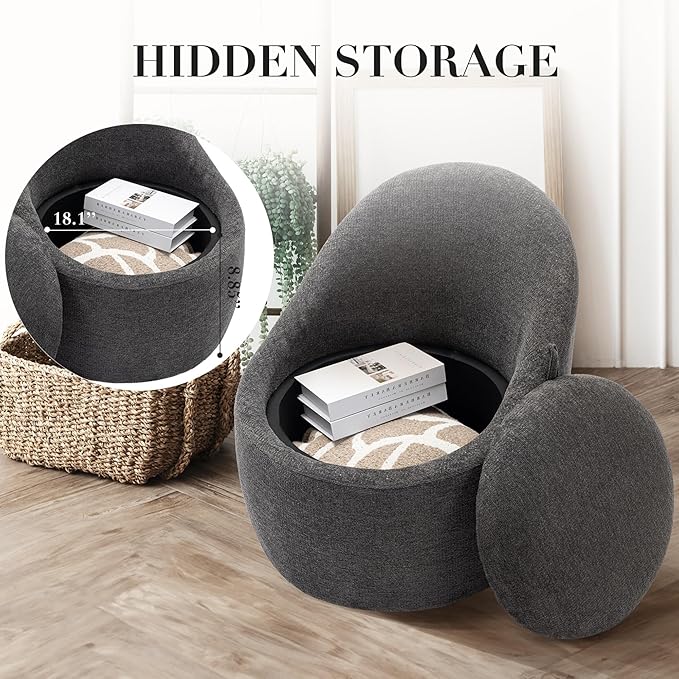 COLAMY Swivel Accent Chair 360° Swivel Chair with Hidden Storage Modern Small Barrel Swivel Armchair for Living Room/Bedroom Dark Grey