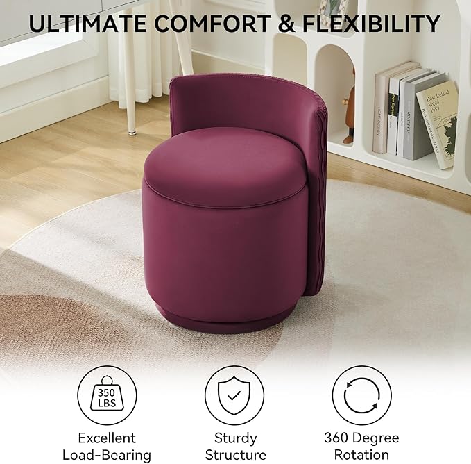 Velvet Vanity Chair with Storage 360° Swivel Makeup Chair with Wave Back No Assembly Small Accent Stool for Bedroom Dressing Living Room Burgundy