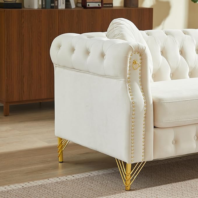 ERYE 37-Inch Chesterfield Button Tufted Single Sofa with Round Pillow Single Seat Velvet Tufted Sofa W/Nailhead DecorRing Accent &amp Golden Legs