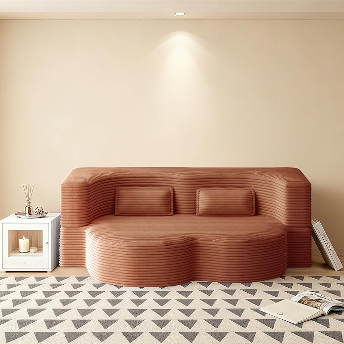 78 Convertible Sofa Bed 2-in-1 Folding Floor Couch with 2 Pillows Sleeper Sofa for Living Room and Bedroom No Assembly Required (Orange Corduroy Fabric)