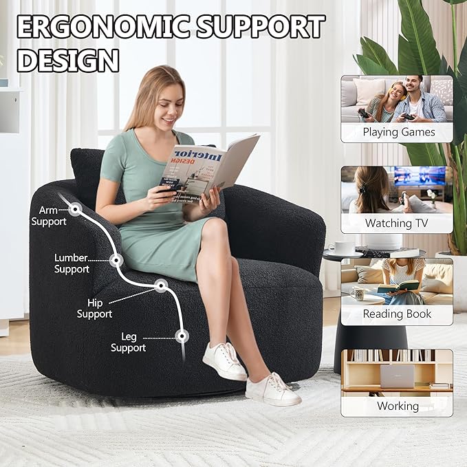 Swivel Accent Chair Boneless Sofa Chair with 360 Rotation Premium Teddy Velvet Foam Lounge Chair for Bedroom Living Room Comfy Reading Armchair Black