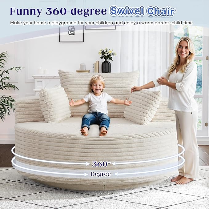 360-Degree Oversized Swivel Chair Modern Round Circle Corduroy Comfy Deep Seat Swivel Accent Chaise Lounge Sofa Chair with Back Cushion &amp 2 Throw Pillows for Living Room Bedroom Office Beige