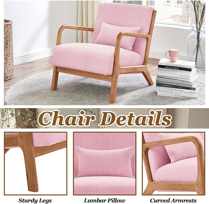 Midcentury Modern ChairWooden Pink Accent Chair with PillowCorduroy Arm Chair for Living RoomBedroomSmall Rooms (Pink)