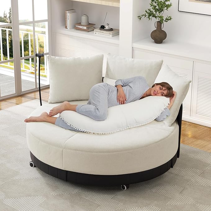 SLEERWAY Oversized Round Swivel Accent Chair Large Circle Barrel Chair and A Half Comfy Upholstered Lazy Sofa Couch with Phone Stand/Wheels Chaise Lounge Daybed for Living Room Bedroom Beige