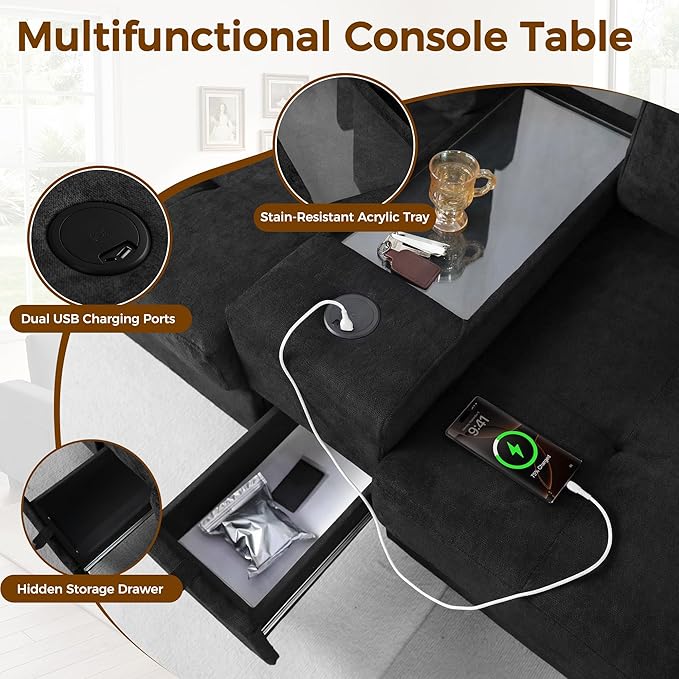 103'' Modular Sectional Sofa couch with 2 Acrylic Consoles Oversized U Shaped Couch Set with USB Charger Storage DrawersPockets and Movable Ottoman Chenille Sectional Couches for Living RoomBlack