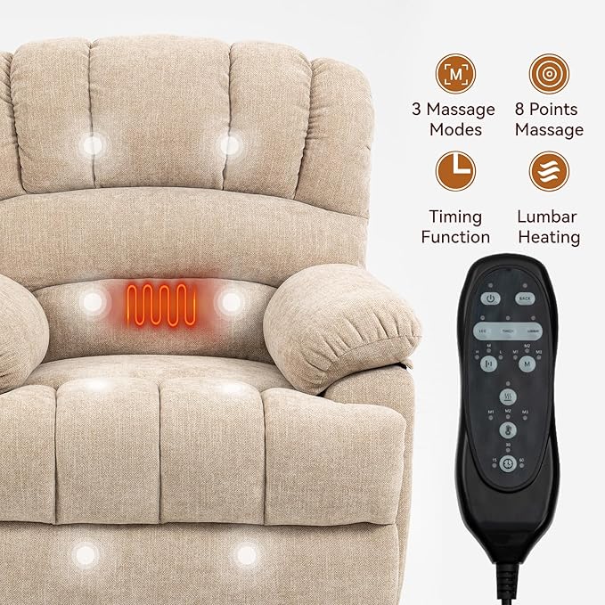 Power Lift Recliner Chair for Elderly with Heat Function 8 Node Massage with 3 Modes Silent Operation Oversized Electric Lift Recliner Single Sofa for Living Room with USB Charging Beige