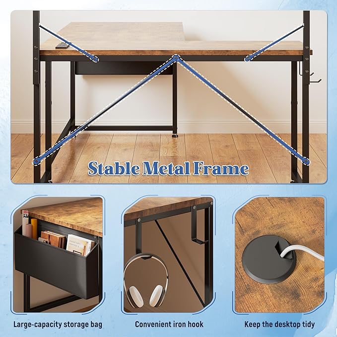 L Shaped Gaming Desk with LED Light &amp Power Outlet 53 Inch Reversible L Shaped Office Desk with Shelf &amp Storage Bag &amp Hook for Home Office Rustic Brown