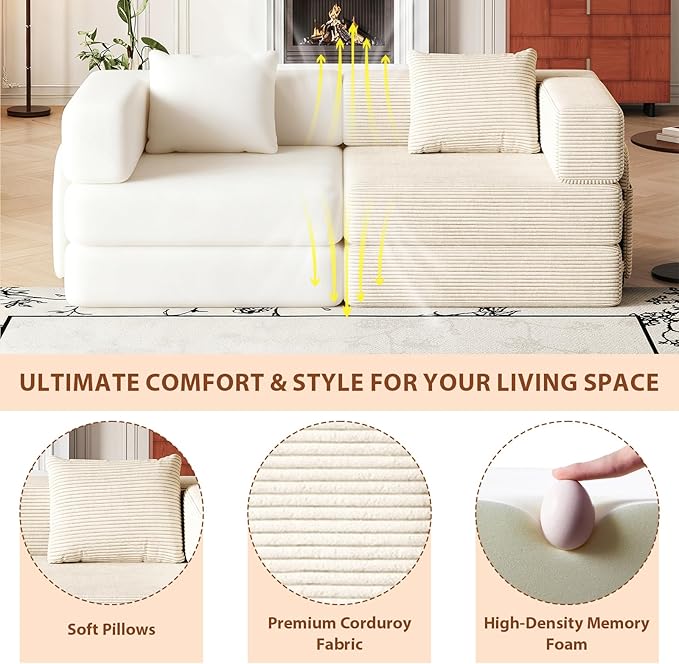 Convertible Sofa Bed 108+108+72.4 Sectional Couch 8-Seater with Storage Pockets Modular Sleeper Couch Corduroy Folding Floor Boneless Lounge Sofa for Living Room Guest Room Beige