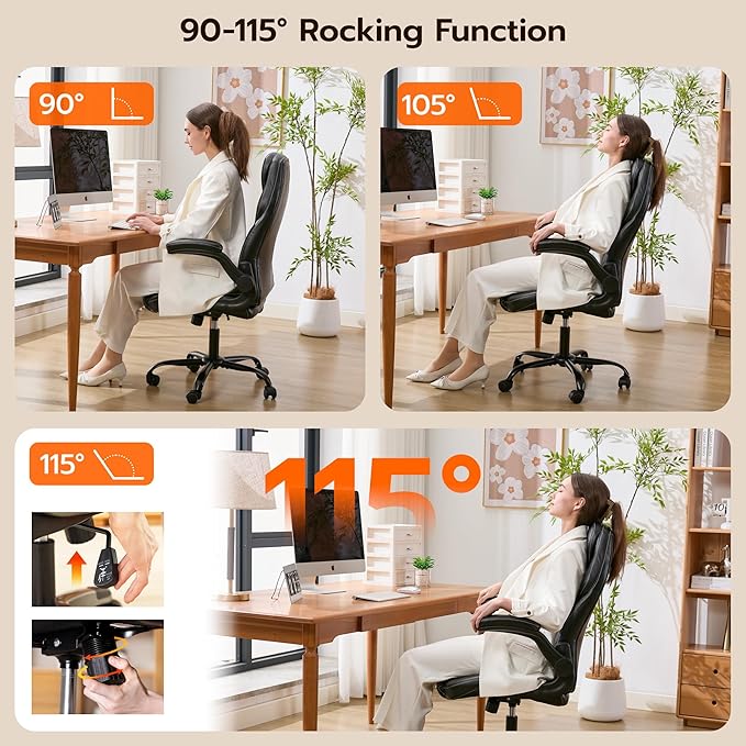 Office Desk Chair Ergonomic Computer Chair with Padded Flip-Up Arms and Adjustable Lumbar Support PU Leather Executive Chair with Tilt Lock and 360° Swivel Rolling Wheels for Work Study