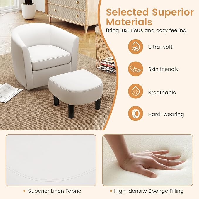 GOFLAME Swivel Barrel Chair with Ottoman Modern Linen Fabric Accent Chair with Footrest Curved Backrest Removable Seat Cushion Upholstered Club Tub Sofa Chair for Bedroom Living Room Ivory