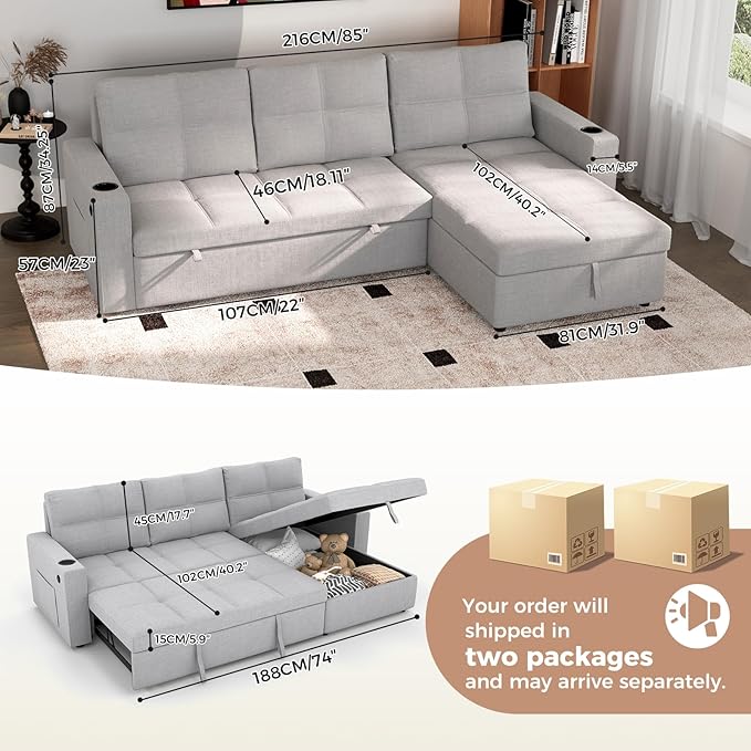 85 inch Large Sleeper Sofa Bed with StorageL Shaped Sectional Couch Bed2 in 1 Pull Out Couches with Convertible ChaiseUSB ChargingCup Holders and Side Pockets Gray