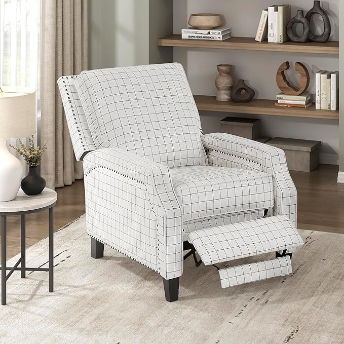 Lexicon Pushback Recliner Chair Plaid Textured Fabric Armchair Push Back Reclining Chair Nailhead Trim Solid Wood Legs Easy Assembly for Living Room/Office/Apartment Off-White