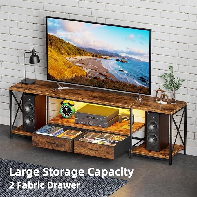 Television Stands for 80 Inches TV with Fabric Drawers LED TV Console Table with Storage Shelves for Living Room Bedroom Entertainment Center 71 Rustic Brown