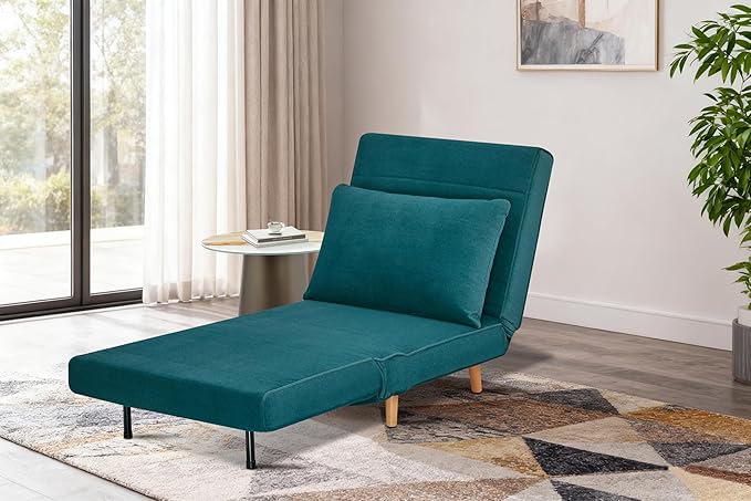 3 in 1 Sleeper Chair Bed Foldable Convertible Chair with Thickened Cushion and Sponge OTE Chenille Fabric Adjustable Backrest Upholstered Accent Sofa for Apartment/Bedroom/Office - Peacock Blue