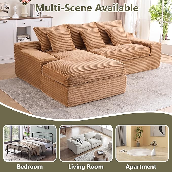 98.8 Cloud L Shaped Sectional Couch with Deep Seat Modern Boneless Compressed Sofa with Chaise 4 Seat Corduroy Couches for Living Room Bedroom No Assembly Required (Brown)