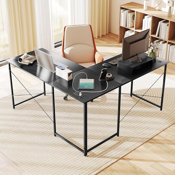 Tangkula L-Shaped Computer Desk with Power Outlets 95” Long 2-Person Desk with Monitor Shelf Modern Corner Desk Gaming Table with USB Ports for Home Office
