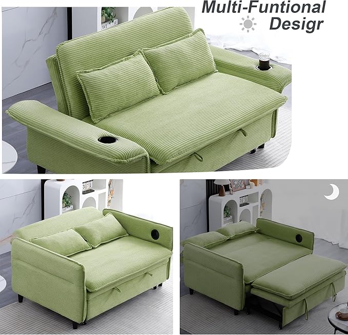 3 in 1 Convertible Sleeper Sofa Bed Loveseat Sleeper 65” Pull Out Couch Adjustable Armrest and Backrest with 2 Pillows for Living Room Bedroom (Green)