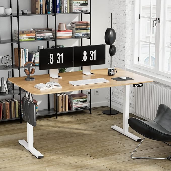 YESHOMY Height Adjustable Electric Standing Desk 55 inch Computer Table Home Office Workstation White Leg/Natural Top