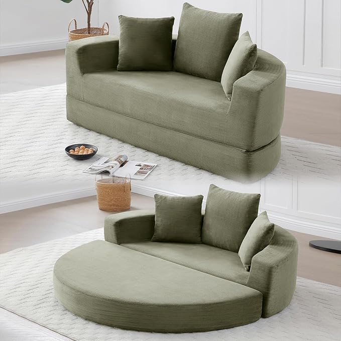 Round Boneless Couch Corduroy Upholstered Folding Convertible Sofa Bed with Pillows 2-in-1 Futon Sofa Bed with Half-Circle Design Comfy Loveseat for Living Room Apartment (Green)