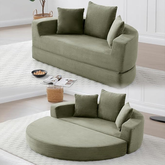 Round Boneless Couch Corduroy Upholstered Folding Convertible Sofa Bed with Pillows 2-in-1 Futon Sofa Bed with Half-Circle Design Comfy Loveseat for Living Room Apartment (Green)