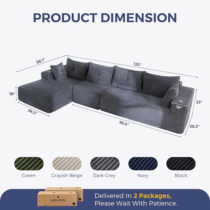 MAXYOYO 132 Oversize Modular Sectional Couch with L-Shape Chaise Modern Boneless Couch for Living Room Sofa in A Box Oversized Sofa Sleeper with Deep Seat No Assembly Required Dark Grey