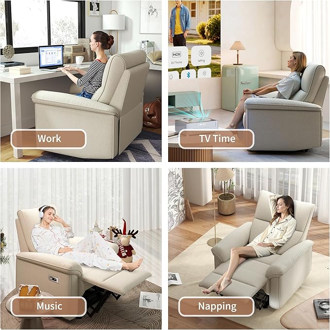 KEIKI Wall Hugger Recliner Chair Zero Wall Electric Recliner Chairs with USB Port Electric Recliner for Living Room Fabric Reclining Armchair for Small Space Beige