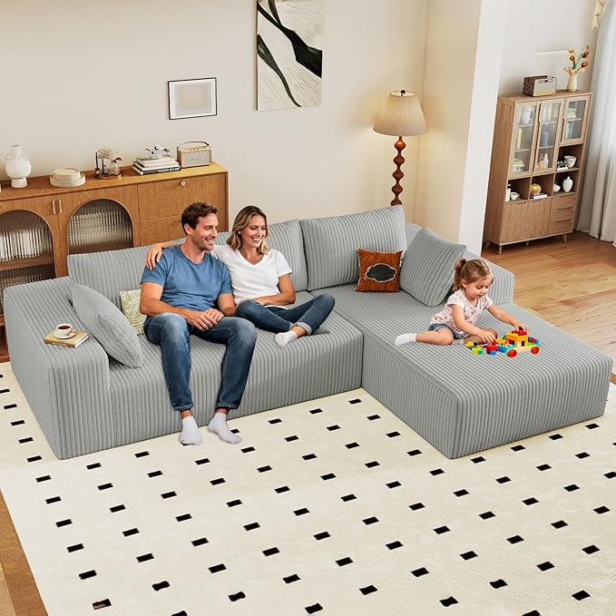 96 Modular Sectional Couch Boneless L Shaped Cloud Sofa with Chaise Lounge Corduroy Upholstered Couches Memory Foam Deep Seat No Assembly Required Ideal for Living Room(Light Gray Right Facing)