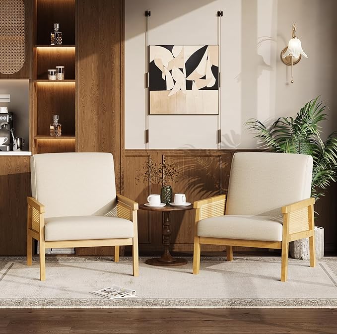 GAOMON Mid Century Linen Fabric Accent Chair Rattan Armchair with Wooden Armrest and Legs Modern Lounge Chair for Living Room/Bedroom/Reading Room/Waiting Room Beige