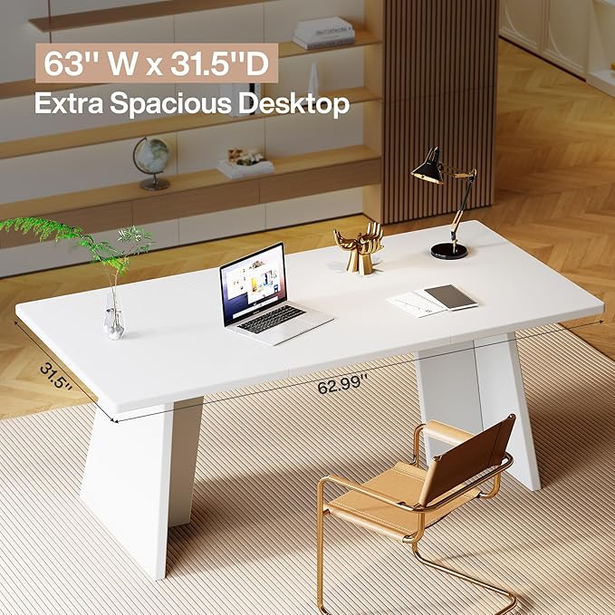 Tribesigns White Executive Desk 63 Large Office Computer Conference Meeting Table with Wooden Robust Pedestal Simple Modern Workstation Business Furniture for Home Office
