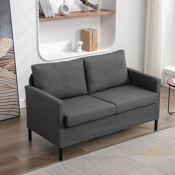 TYBOATLE Modern Linen Fabric Small Couches for Small Spaces Comfy Upholstered Love Seat for Bedroom 2 Seater Mini Couch for Apartment Dorm Office Dark Grey
