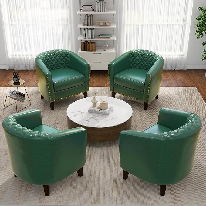 Pia Ricco Faux Leather Barrel Chairs Set of 2 Modern Comfy Accent Chairs Upholstered Armchair Club Chairs with Nailhead Trim Single Sofa Barrel Chair for Living Room Reading Room Green