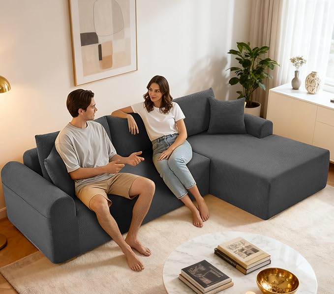 103 Modular Sectional Sofa with Chaise Cloud Sectional Couch with Deep Seat Modular L-Shape Sofa Corduroy Boneless Couch for Living RoomBedroomNo Assembly Required(Dgray Right Facing Chaise)