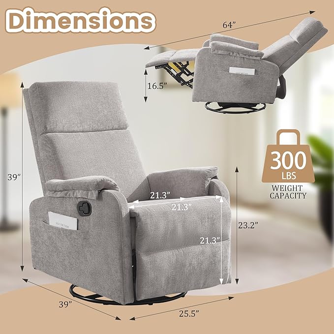 Recliner Chair Swivel Rocking Recliner Chair for Adults Glider Rocking Chair Small Nursery Chair Recliner for Living Room Reclining Chair with Modern-Designed Armrests Chenille Grey