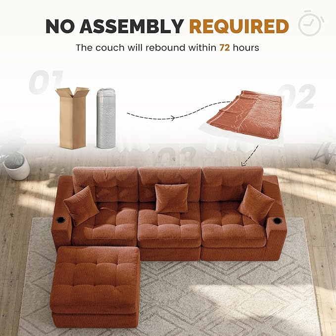 113 Modular Sectional Sofa for Living Room Convertible L-Shape Couch with OttomanCloud Boneless Couch with Layered CushionReddish Brown Corduroy