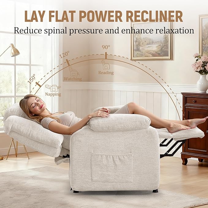 Power Recliner Chair for Adults Oversized Electric Recliner with Thickened Cushions Chenille Fabric Reclining Chair for Living Room Bedroom Beige