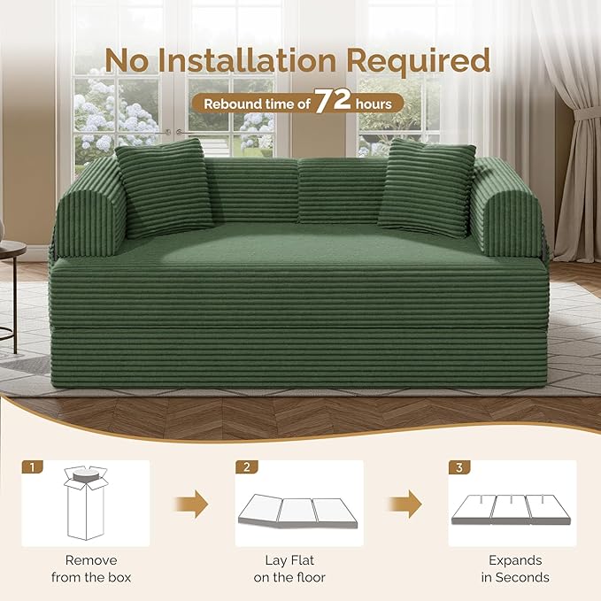 Convertible Coarser Corduroy Sleeper Sofa Bed with Cylindrical Pillow Folding Mattress Couch with Fixed-Shape Frame Floor Sofa Lounge Couch for Living Room Bedroom Lounge Studio Green