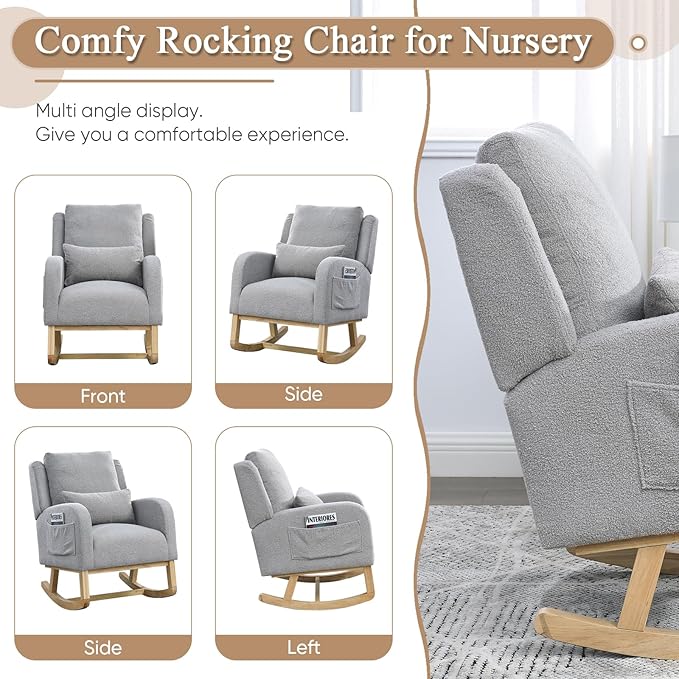 Rocking Glider Chair for Nursery Wingback Accent Rocker Chair Upholstered Tall Back Arm Chair w/Side Pockets Modern Leisure Single Sofa for Living Room Hotel Bedroom Baby Room Grey
