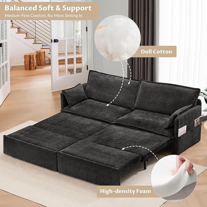 SUNWAVE 74 King Pull Out Sofa Bed - Convertible Sleeper Sofa Bed Space Saving Corduroy Loveseat Chaise Lounge with USB Charging Side Pockets for Living Room Bedroom Small Spaces(Ink 74)