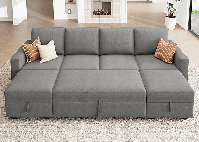HONBAY Modular Sectional Sleeper Sofa Bed Chenille Pull Out Couch with Storage Ottoman U Shaped Sectional Couches for Living Room Warm Grey