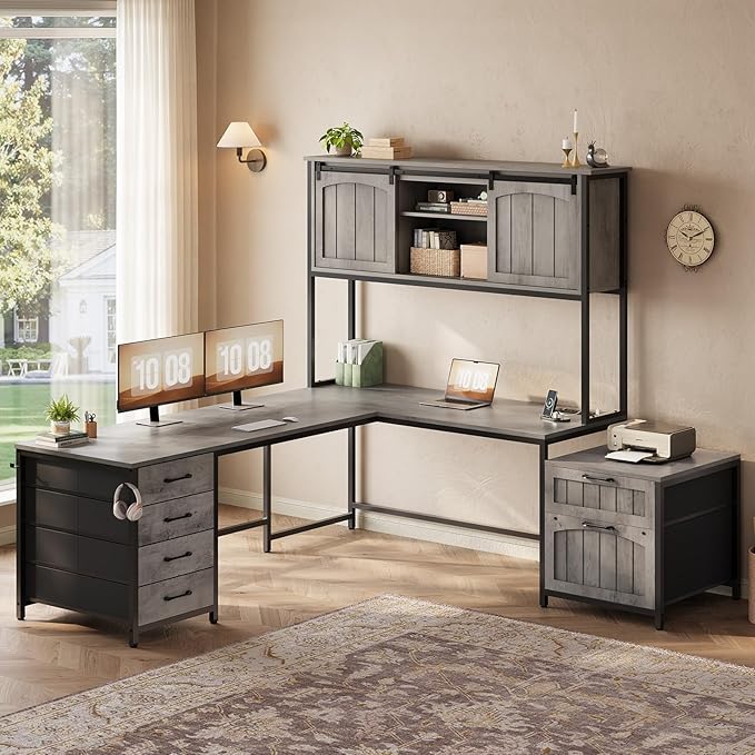 SEDETA Farmhouse L Shaped Office Desk with 6 Drawer Reversible Computer Desk with Power Outlet Hutch for Home Office/Two Person Corner Desk with File Drawer &amp Printer Storage Shelves Grey