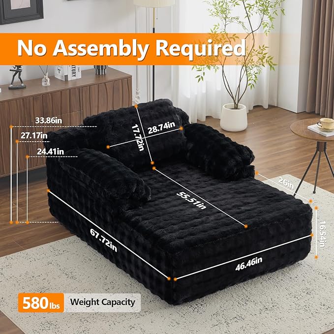 VINGLI 67.7 Oversized Chaise Lounge Chair Indoor Reading Chairs Comfy Bubble Fleece Upholstered Boneless Sofa Bed Sleeper Sofa Cloud Couches for Living Room Bedroom Play Room (Black)