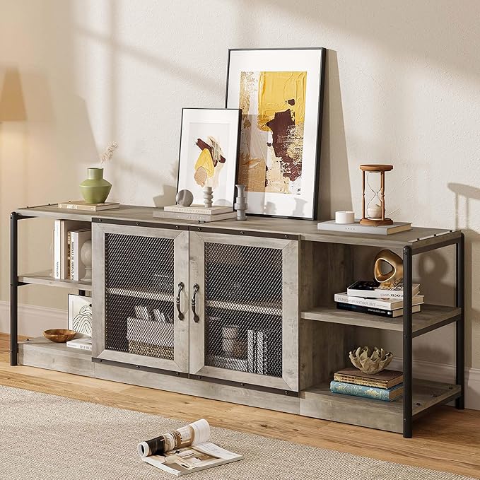 IDEALHOUSE Farmhouse TV Stand for 75/80 inches TVs Entertainment Center with Storage Cabinet Industrial Media Console Cabinet Table Living Room Media Furniture Grey