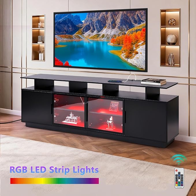 70 Inch Black TV Stand with LED Lights Power Strips and USB Charging Station for Mobile Phones Transparent Glass Door Storage Cabinet Entertainment Center with Large Storage Space